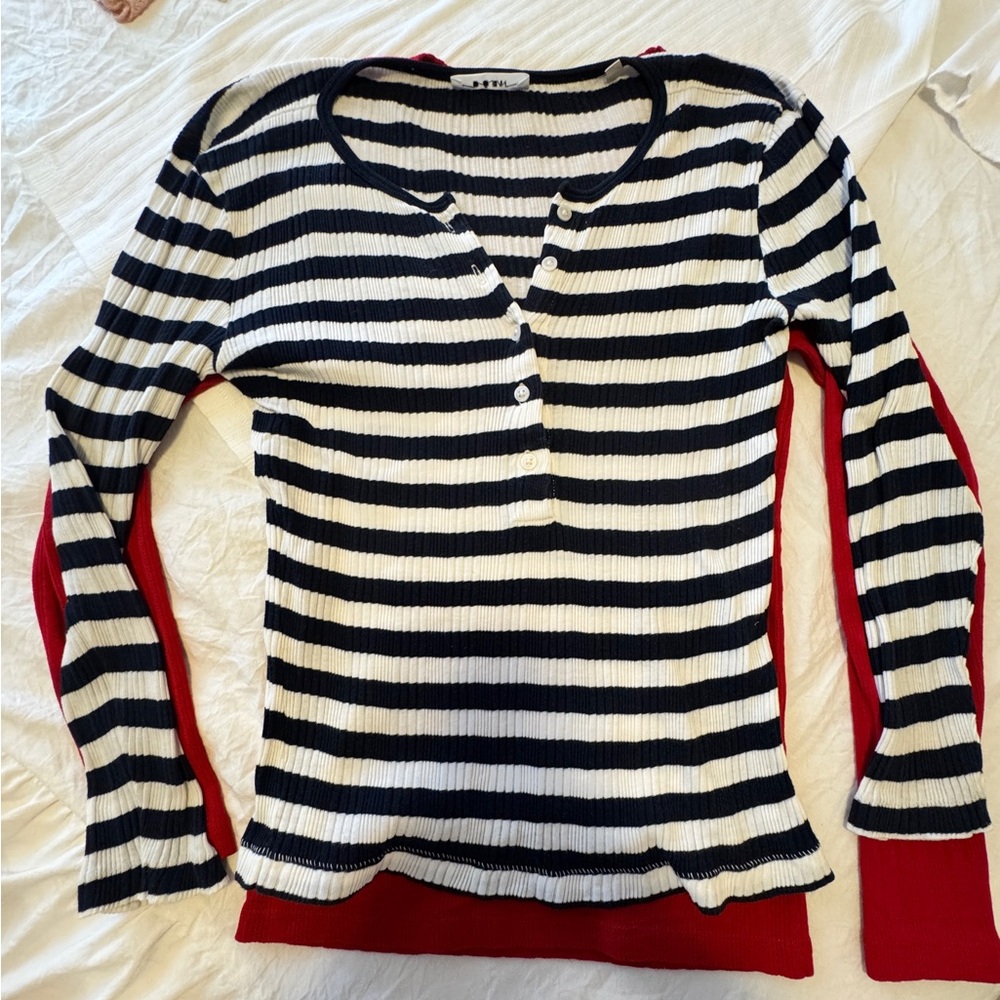 Doen Paola Tee, XS, Navy and Cream Stripe,  Ribbed Long Sleeve Henley - Picture 2 of 8